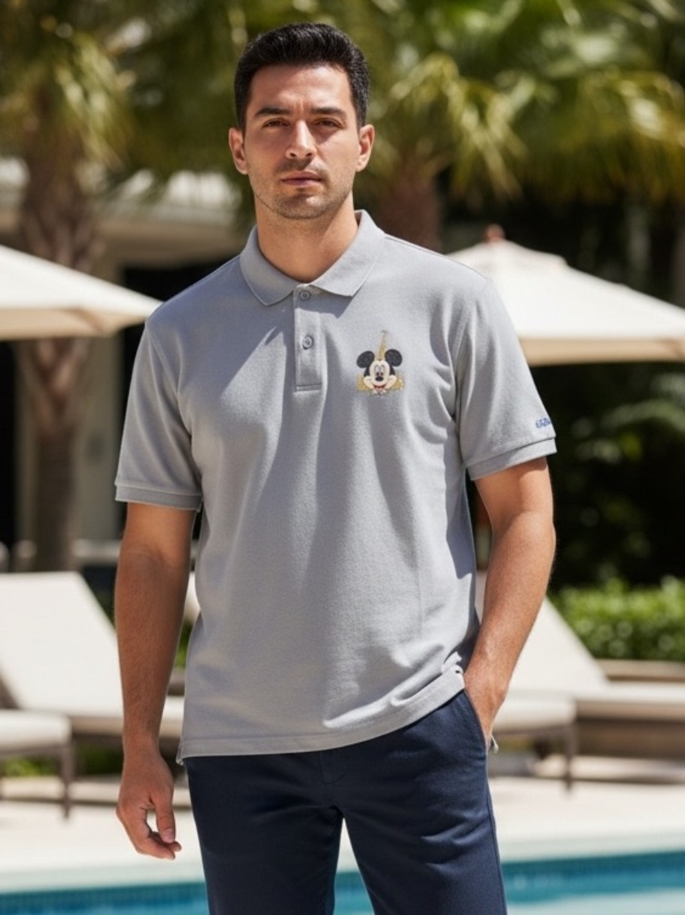 Men's Light Gray Polo Shirt with Mickey Mouse Embroidery - NWT